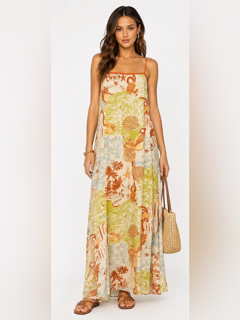 NWT Printed Spaghetti-Strap Maxi Dress in Orange, Green & Cream